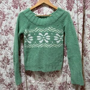 Energie Green Textured Knit Sweater with White Snowflake Pattern Size M
